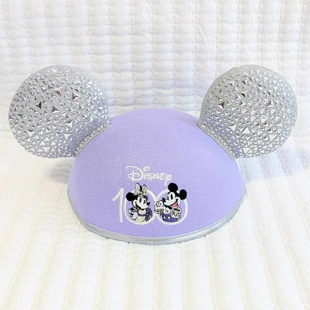 Disneyland 100 Years of Wonder Anniversary Felt Mickey Ears Hat Purple Silver‎
